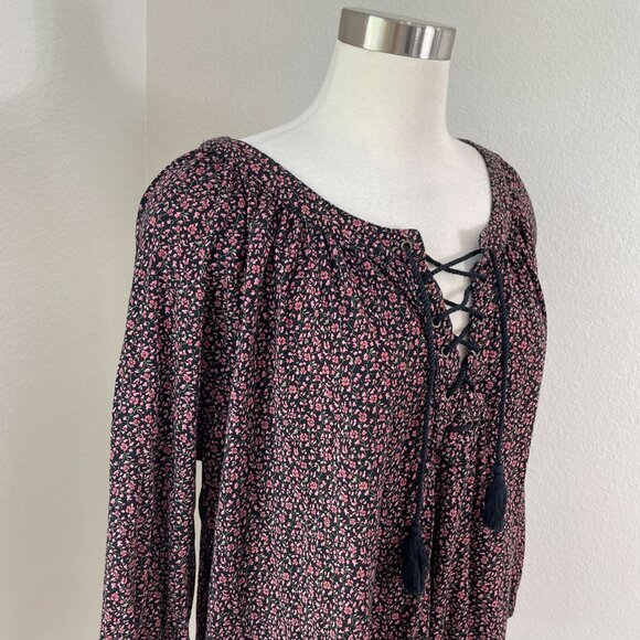 Chaps Womens Plus XXL Floral Lace Up Tassel Peasant Top Boho Blouse Shirt - Picture 2 of 9